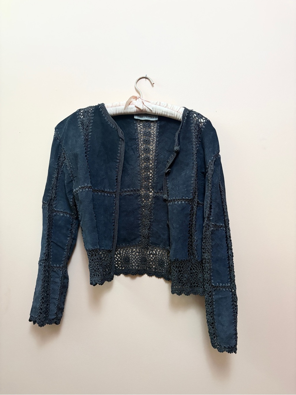 Women's vintage suede and crochet jacket, charcoal Lace-trim leather cardigan